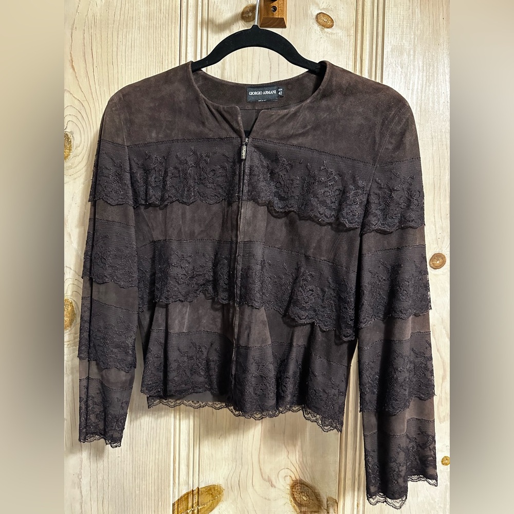 Giorgio Armani Brown Suede & Lace Jacket
Size: IT 42 (US 6)